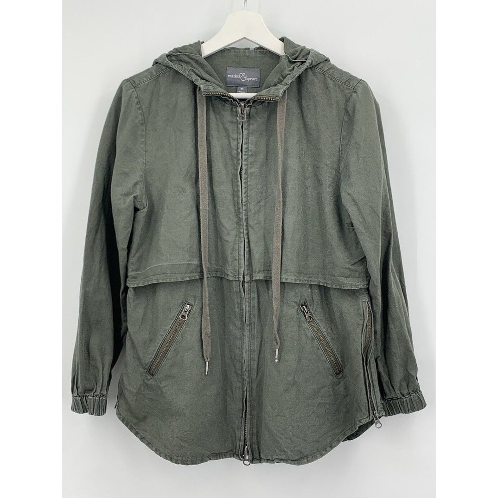 Market & Spruce Jacket XS Green Utility Hoodie Zip Front Pockets Cape Look